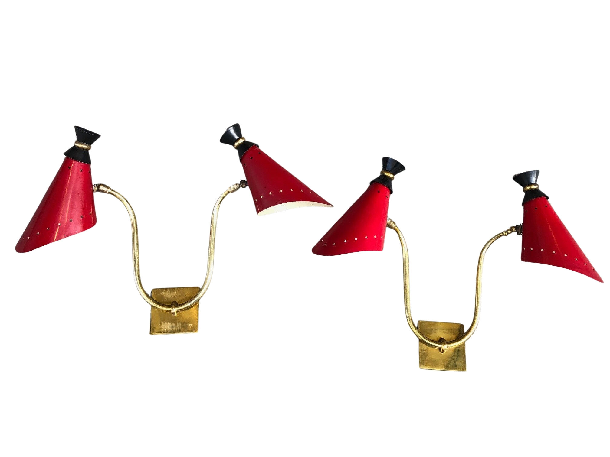 Pair of brass wall lights, red diabolo metal lampshades, circa 1950