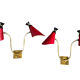 Paire d'appliques en laiton, abats jours diabolo rouge en métal, circa 1950