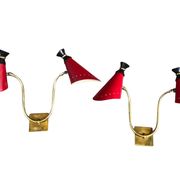 Pair of brass wall lights, red diabolo metal lampshades, circa 1950