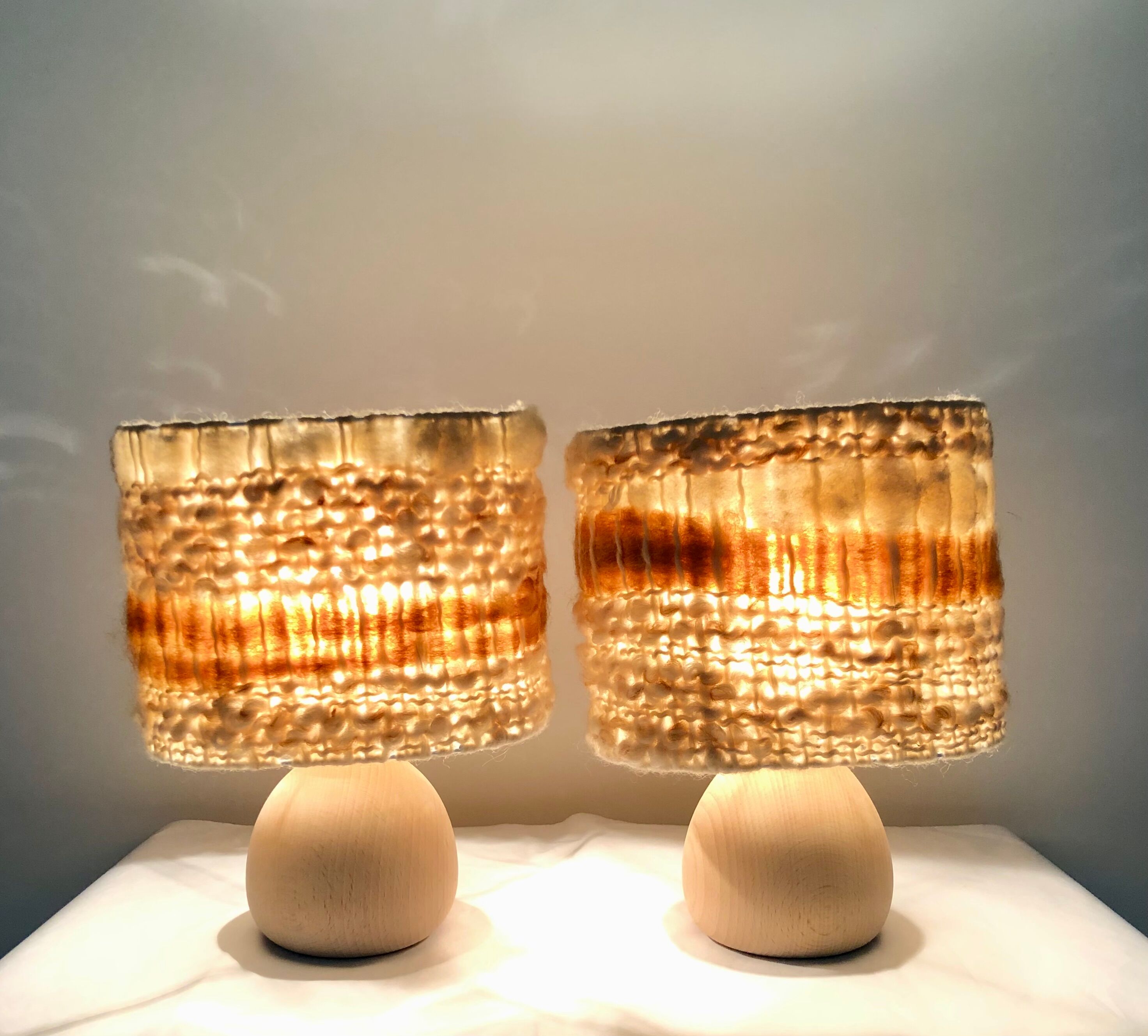 Vintage table lamps wood and wool, France 60s