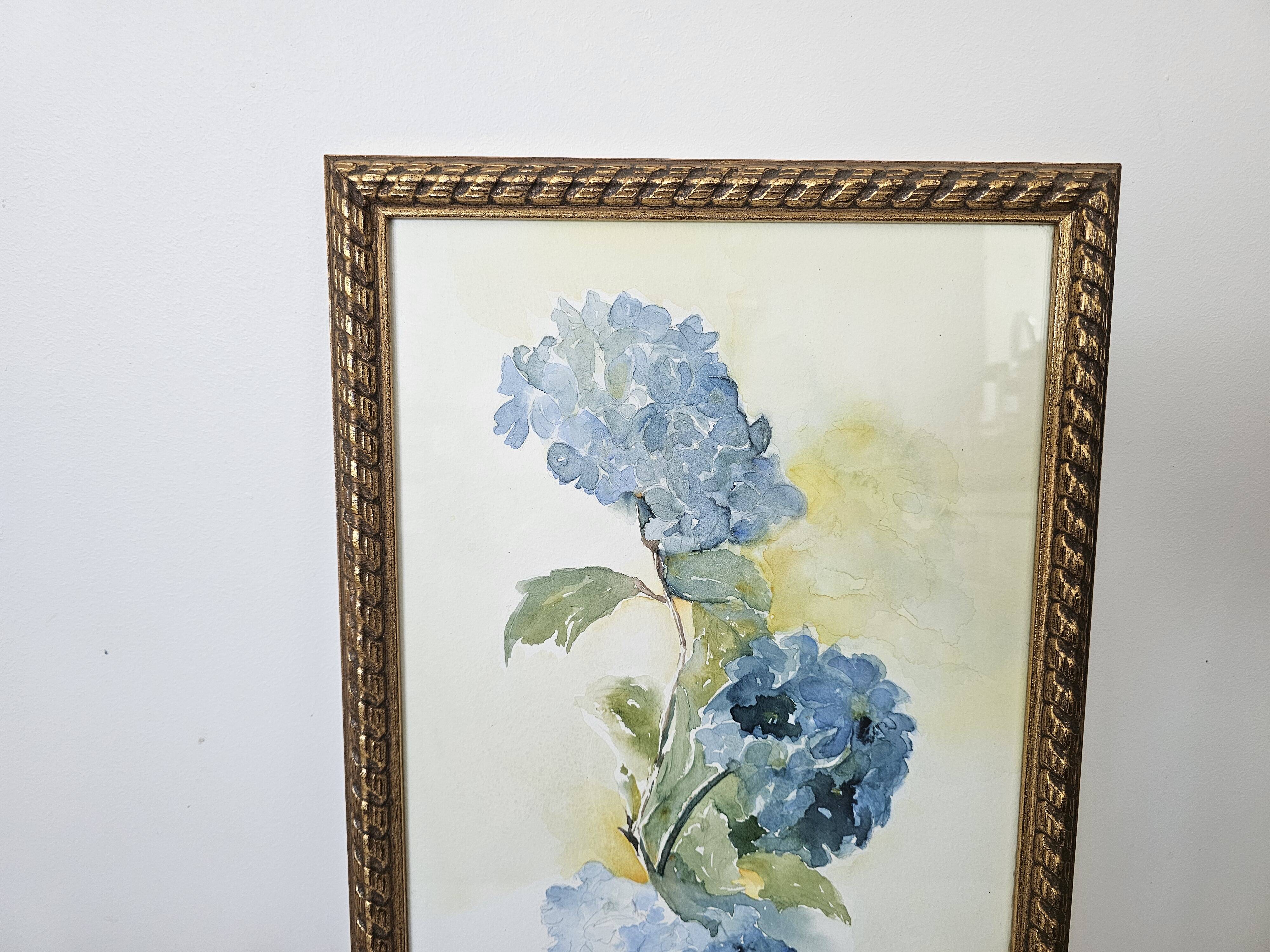 Tableau Aquarelle Fleurs Hortensia Signé J. Verne
