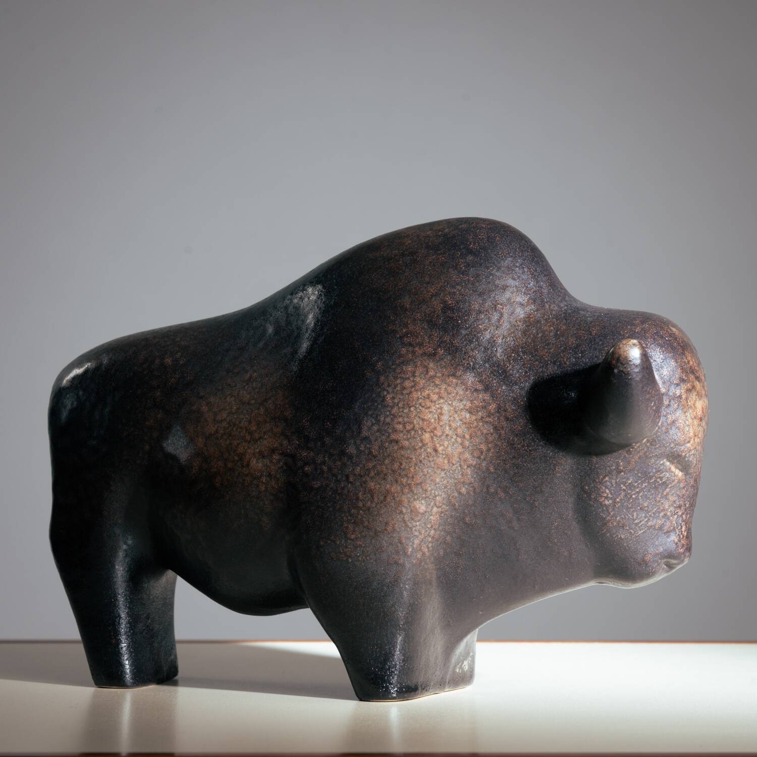 Brown glazed bull sculpture by Ed Ruscha, 1970s ceramic art
