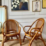 Paire de fauteuils en rotin et cannage vintage