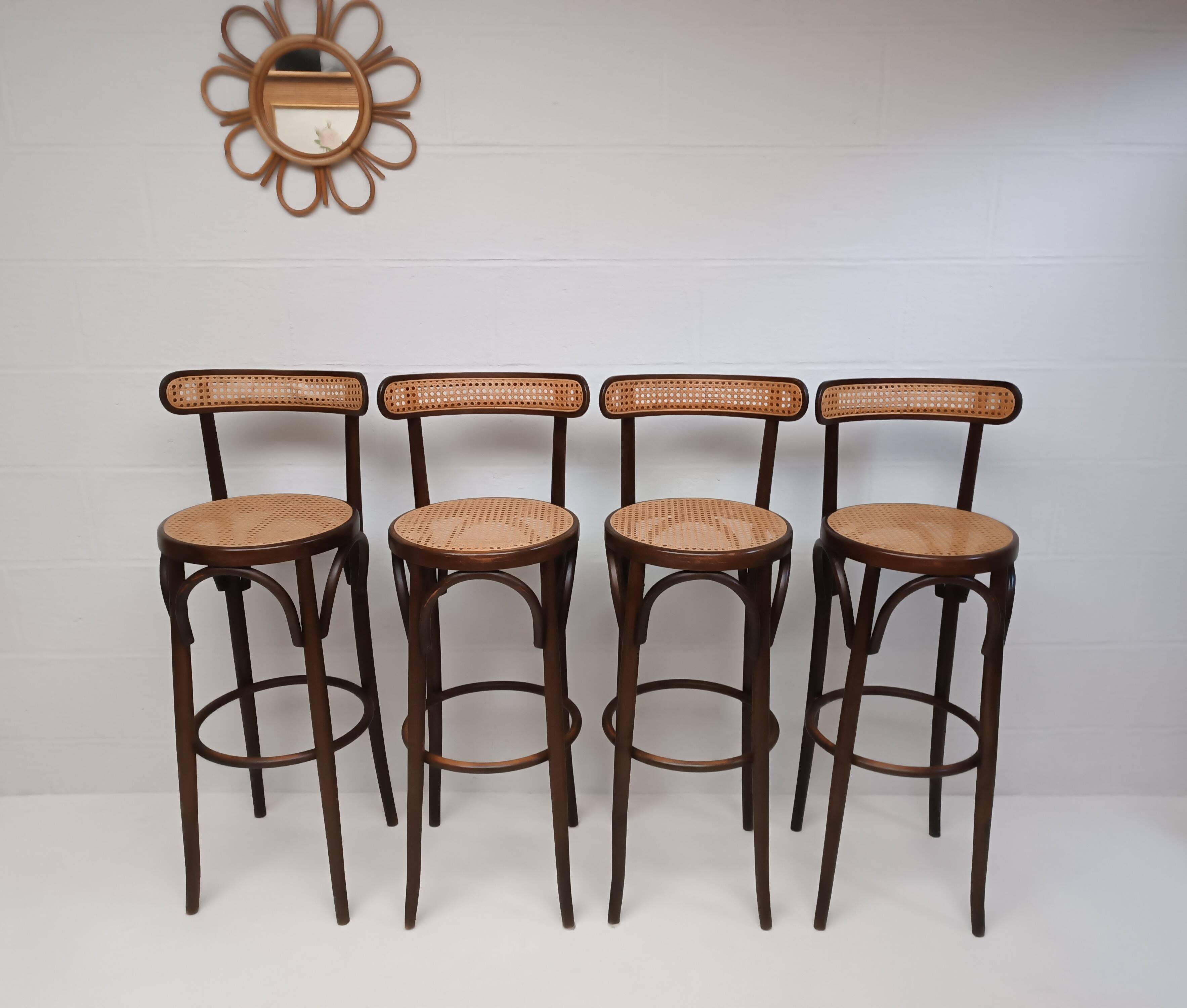 4 curved wood and cane bar stools