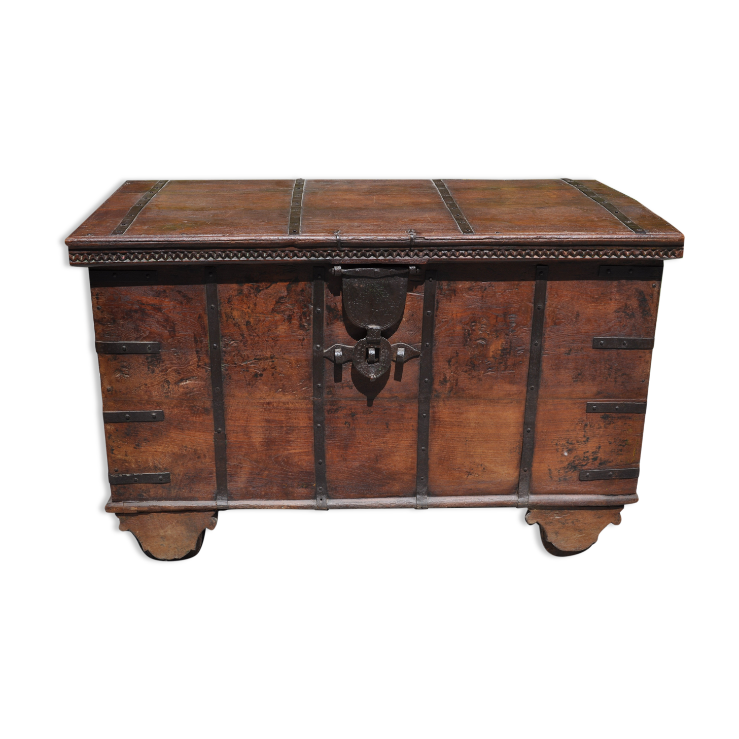 Wooden chest on wheels & wrought iron fittings - nineteenth century