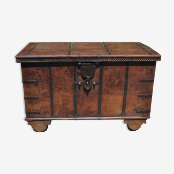 Wooden chest on wheels & wrought iron fittings - nineteenth century