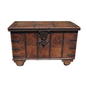 Wooden chest on wheels & wrought iron fittings - nineteenth century