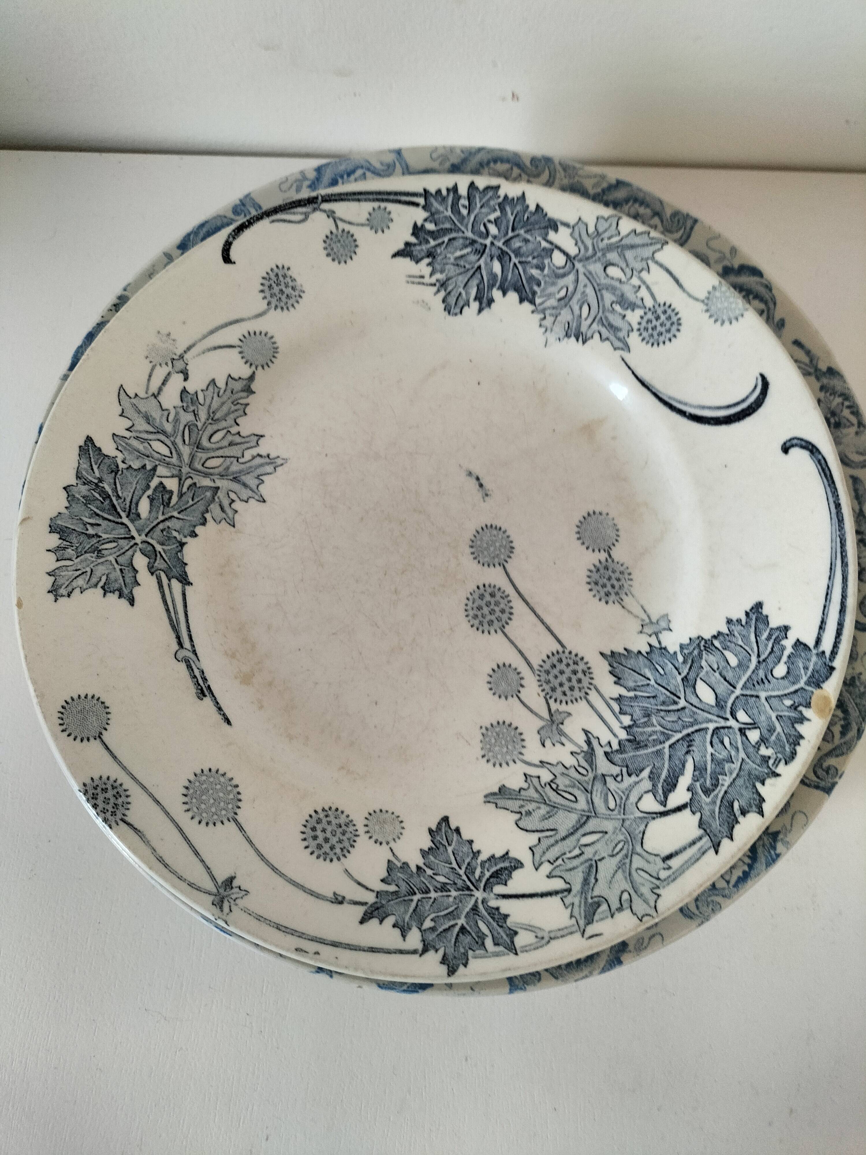 8 ironstone plates from the 19th century in blue camaïeu, mixed manufacturers.