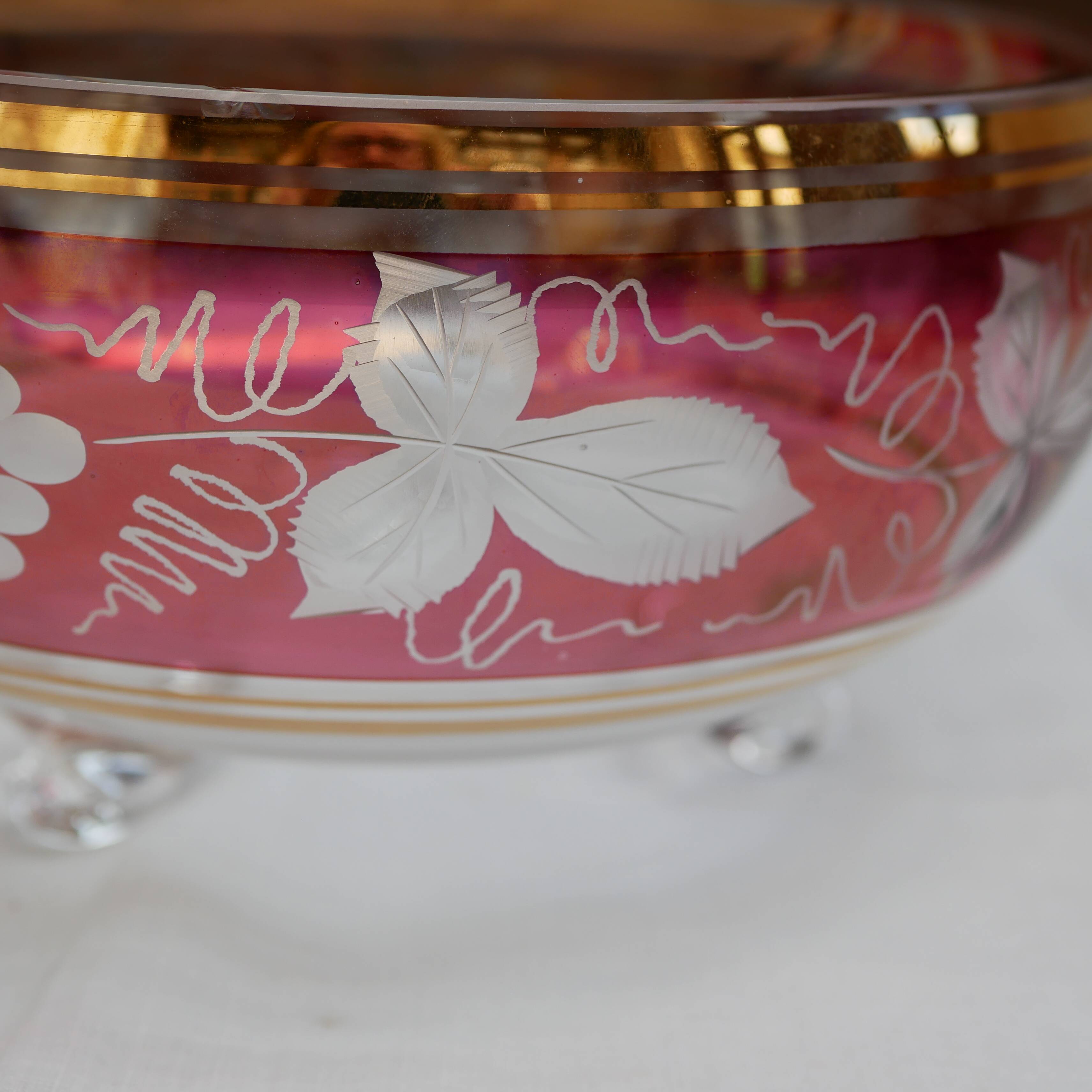 Bavarian crystal fruit bowl with engraved vine leaf motif