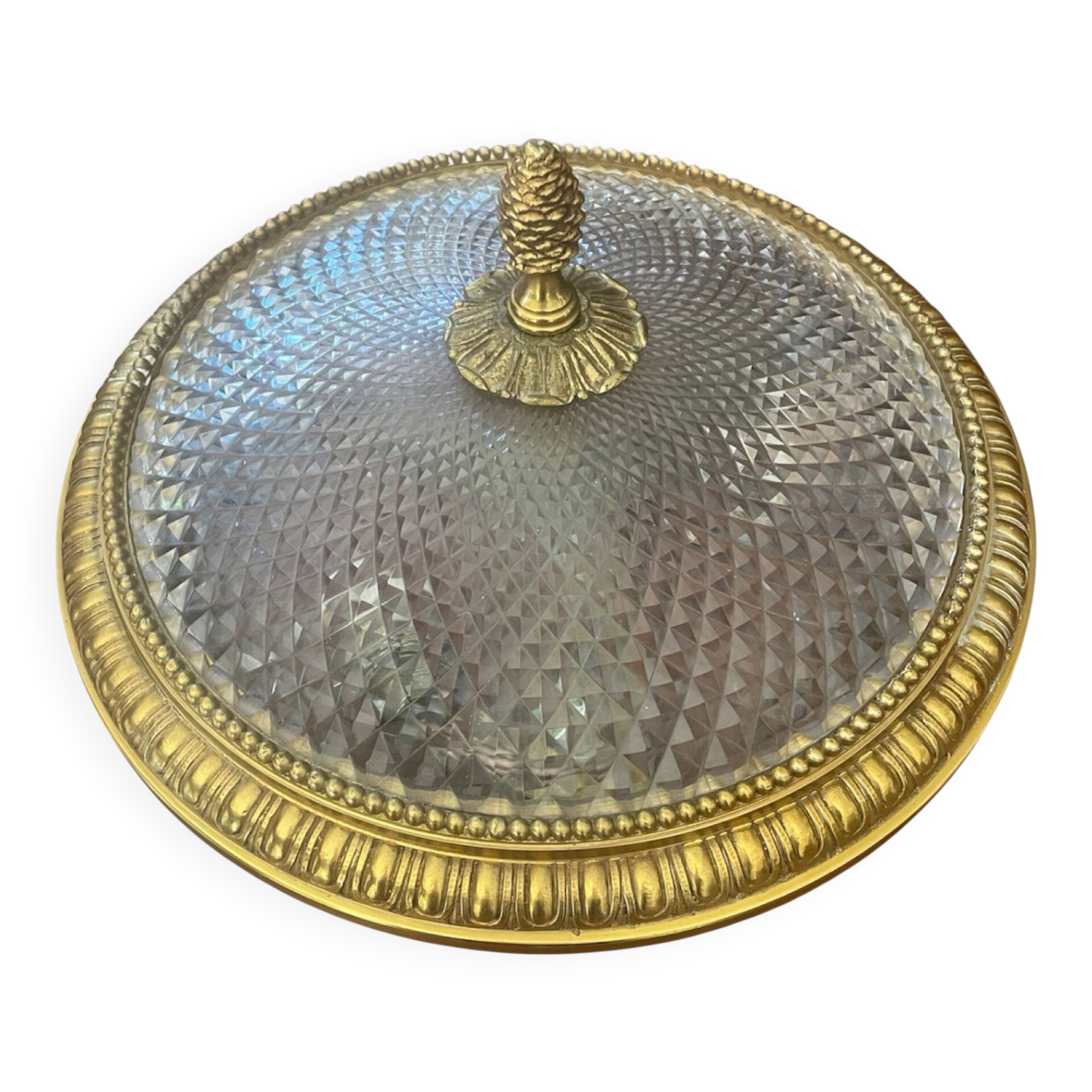 Antique ceiling light in bronze and cut crystal with diamond points.