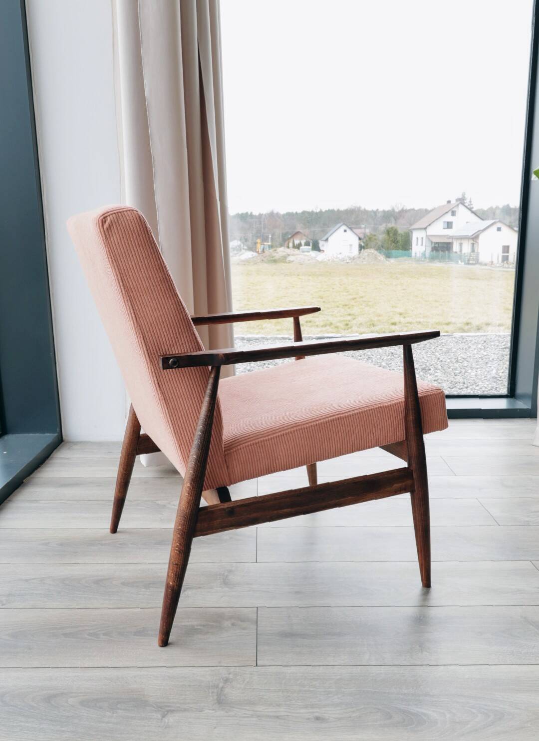 Vintage salmon red armchair, modern design by H.Lis
