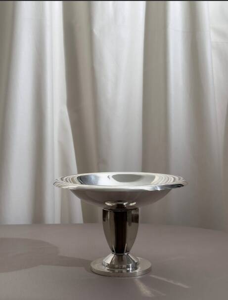 Vintage fruit bowl in silver metal and wood