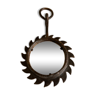 Brutalist sun mirror in beaten iron 1970 34cm