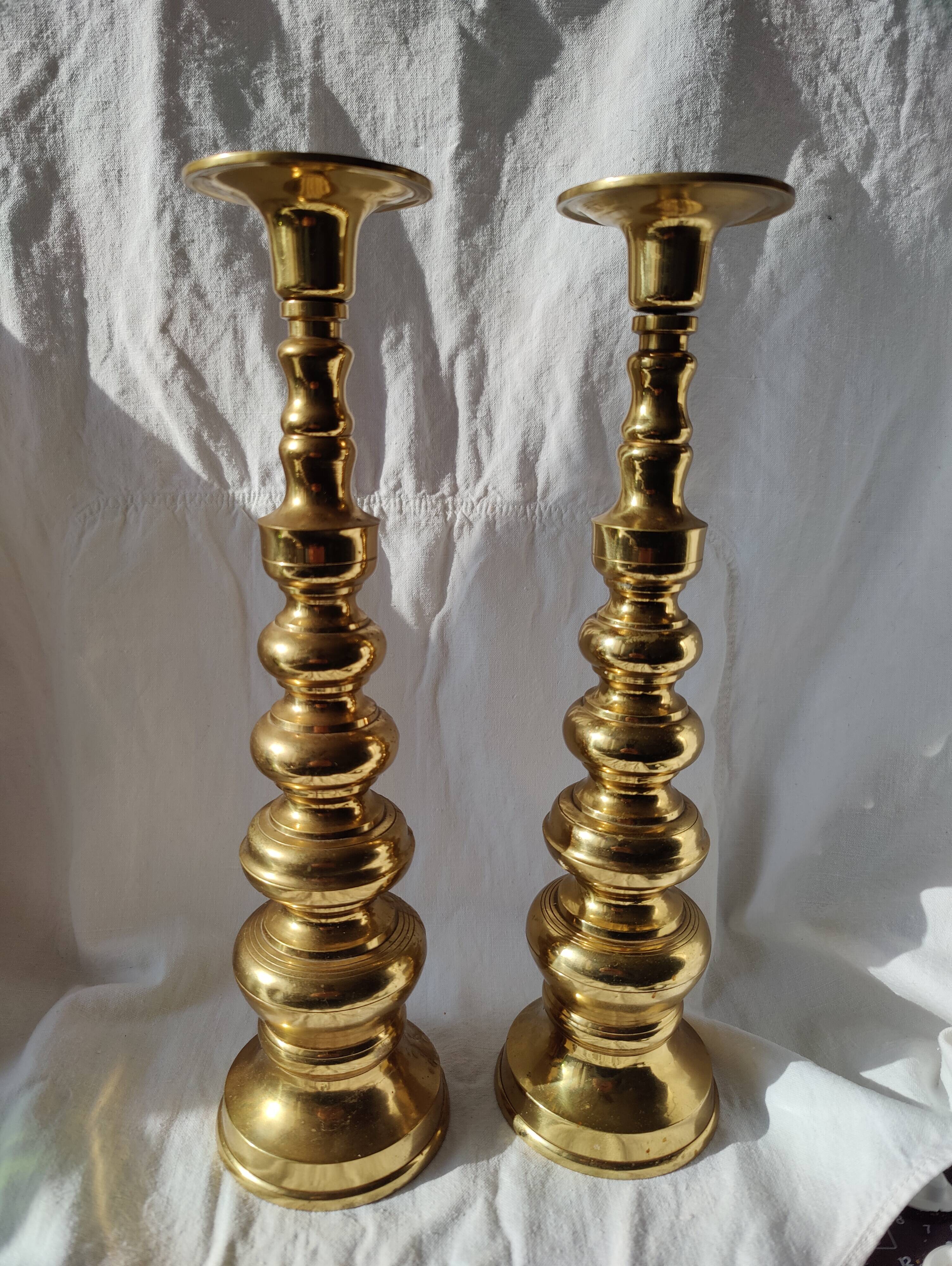 Pair of brass altar candlesticks, mid-20th century