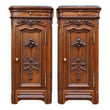 Pair of bedside tables – Napoléon III period – Carved walnut, sea green marble