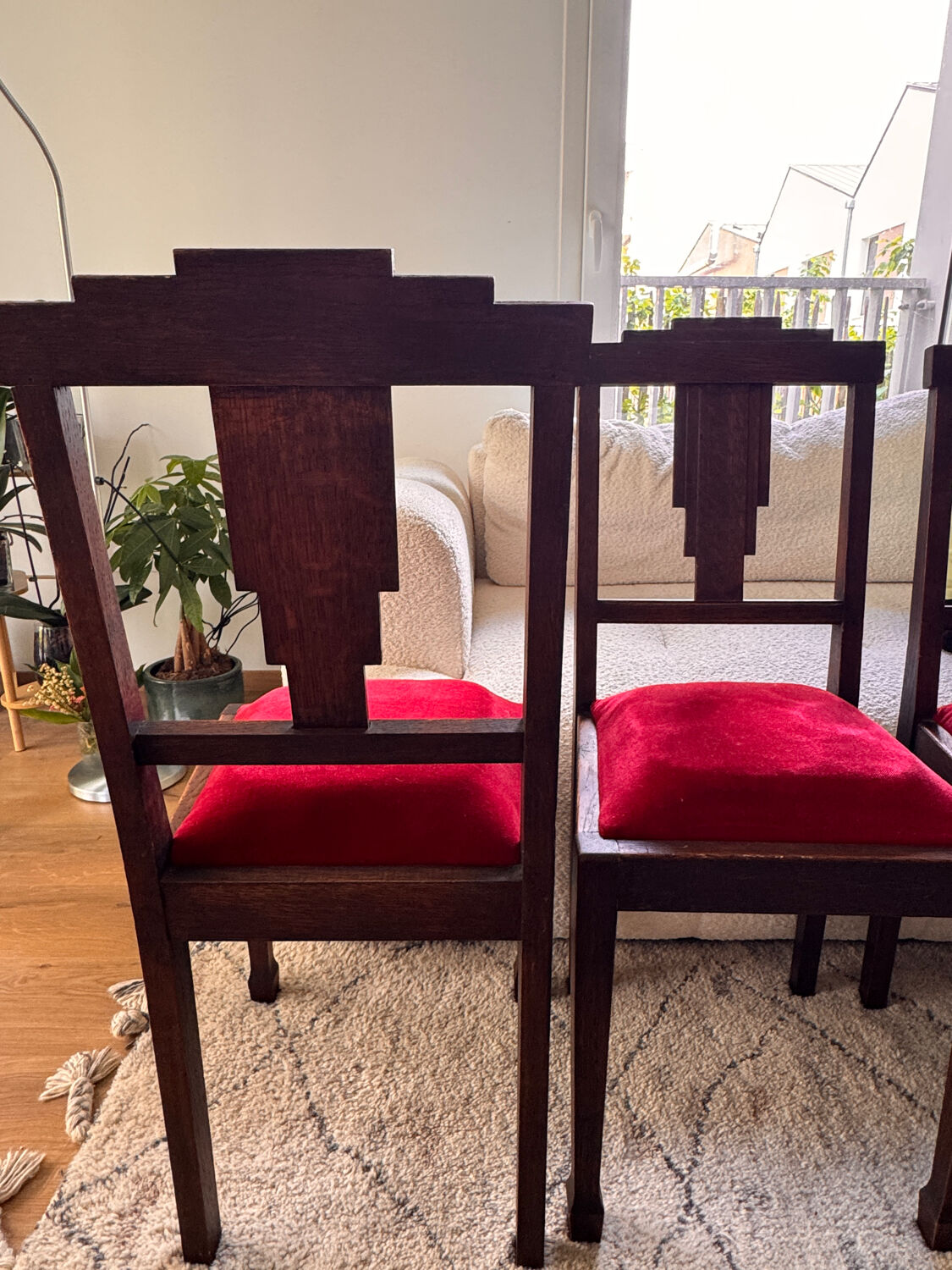 Vintage Art Deco Dining Chairs – Solid Wood & Red Velvet (Set of 4)