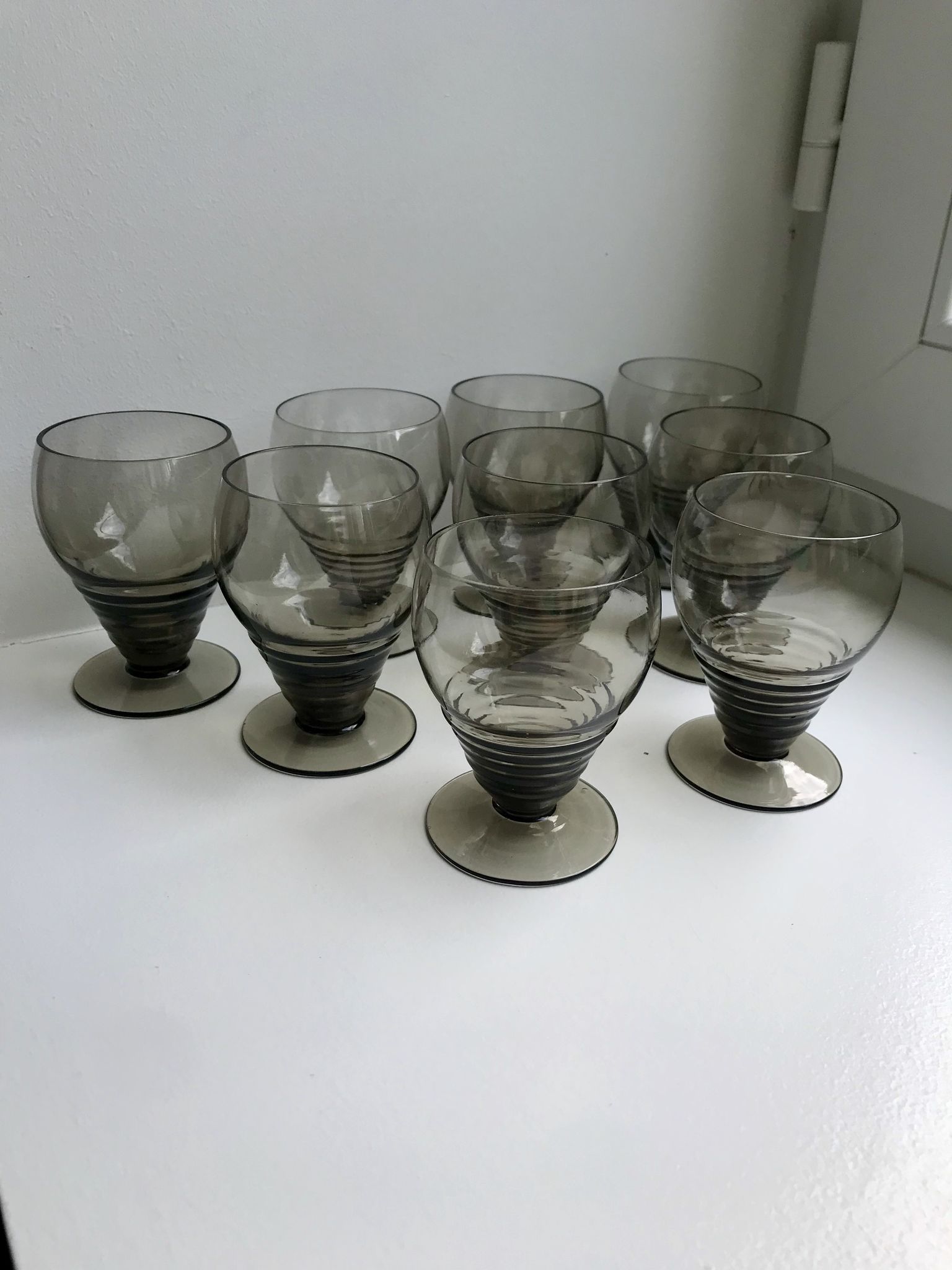 Set of 9 art deco liqueur glasses in smoked glass 30-40s