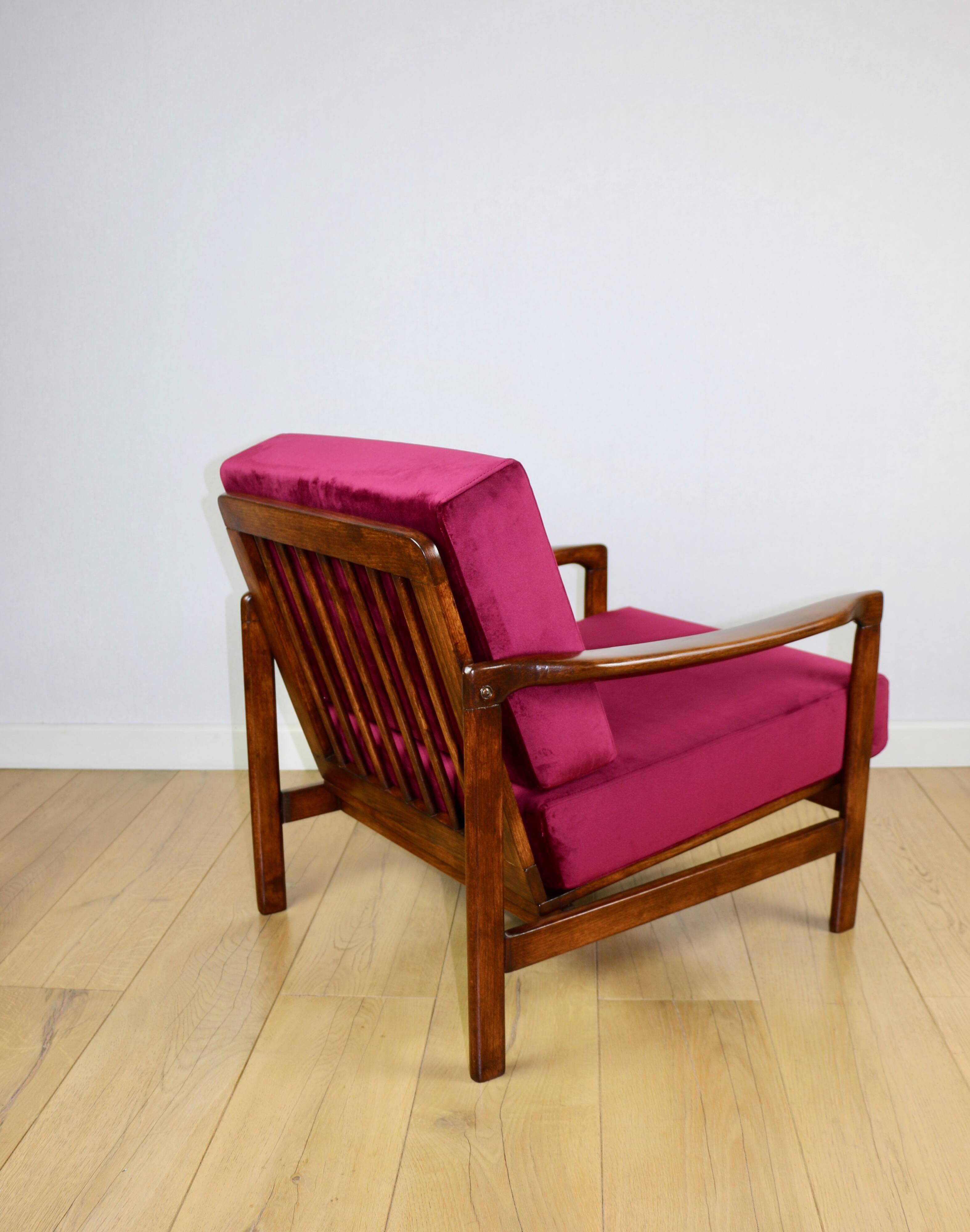 Wooden vintage brown armchair, burgundy raspberry, design by Z. Bączyk - 2 pieces available