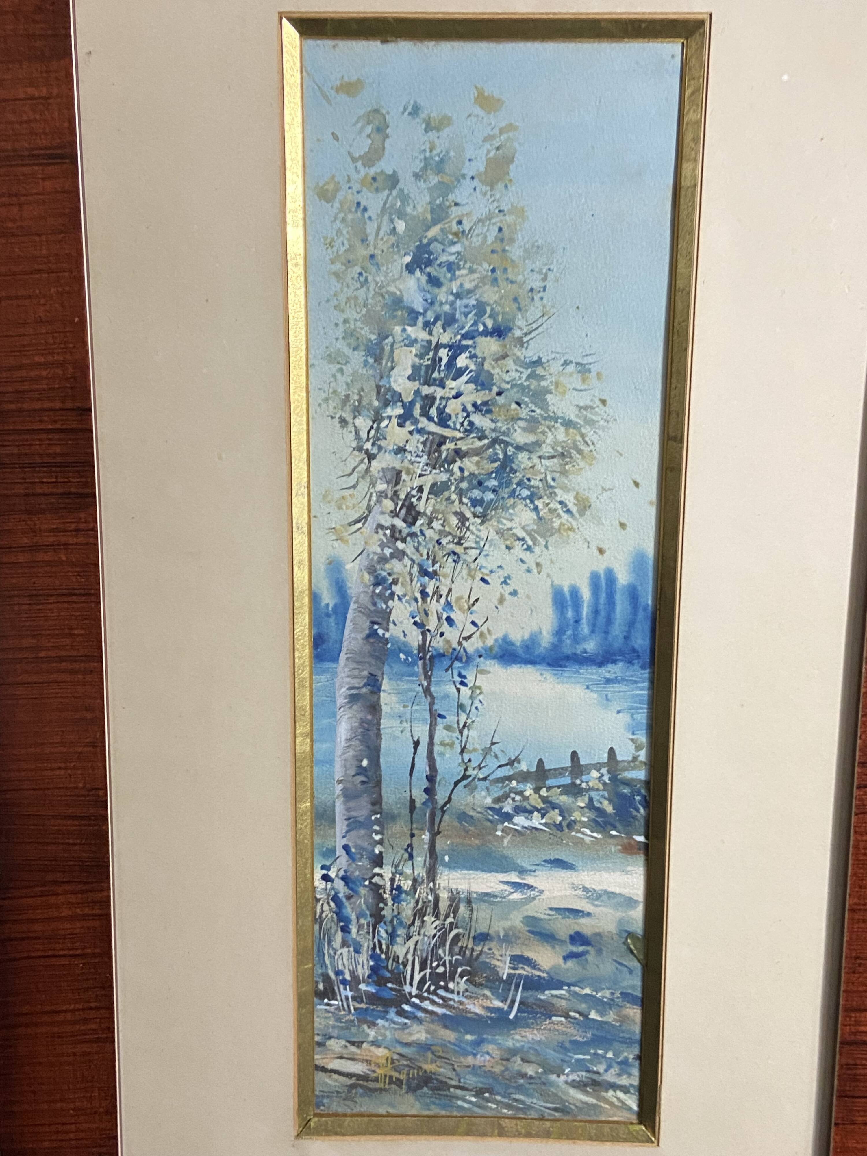Large watercolor from the early 20th century, signed landscape of a wooded river bank