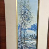 Large watercolor from the early 20th century, signed landscape of a wooded river bank