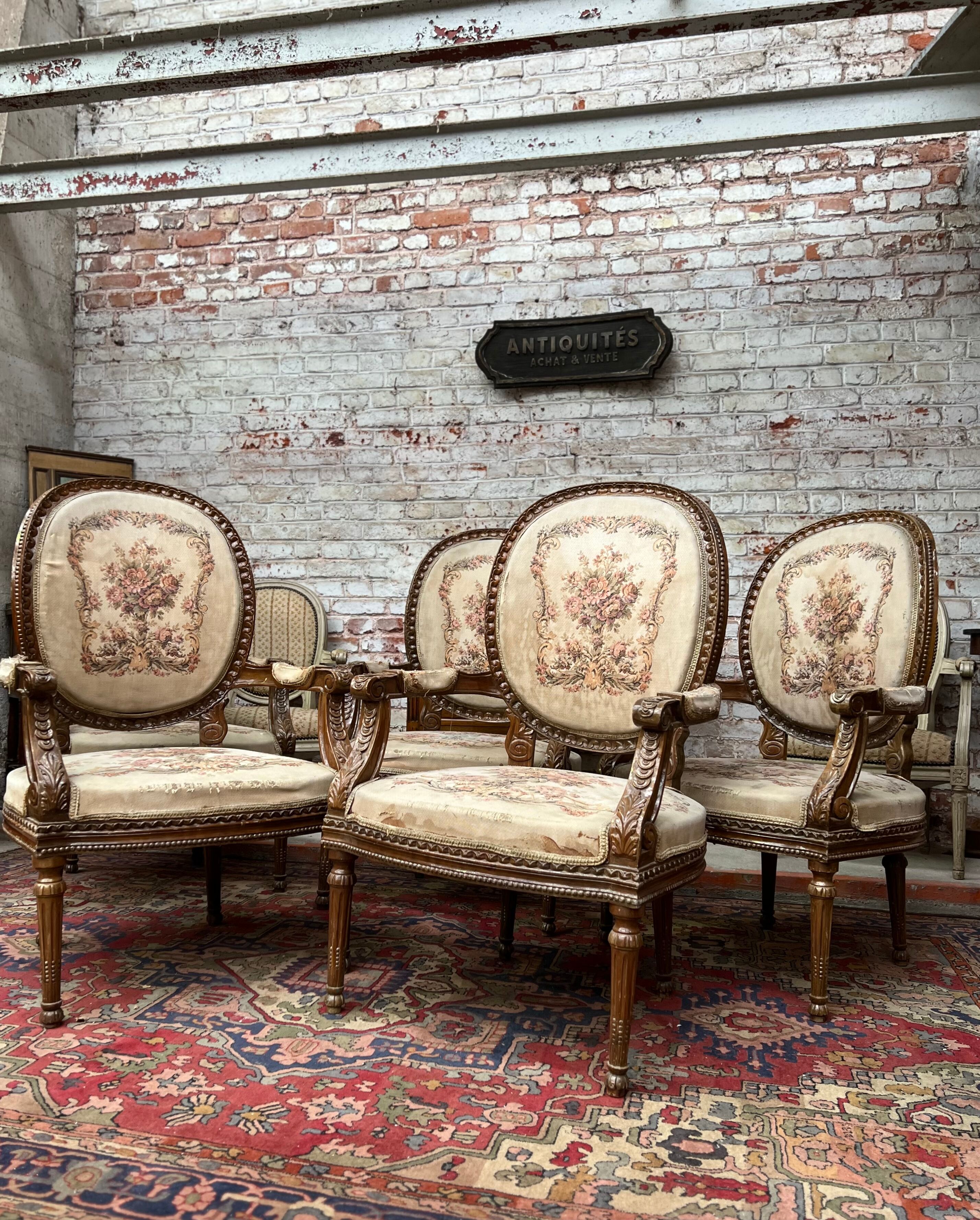 Suite of Five Armchairs with Back Medallion Louis XVI Style
