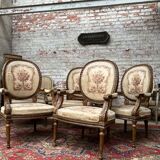 Suite of Five Armchairs with Back Medallion Louis XVI Style