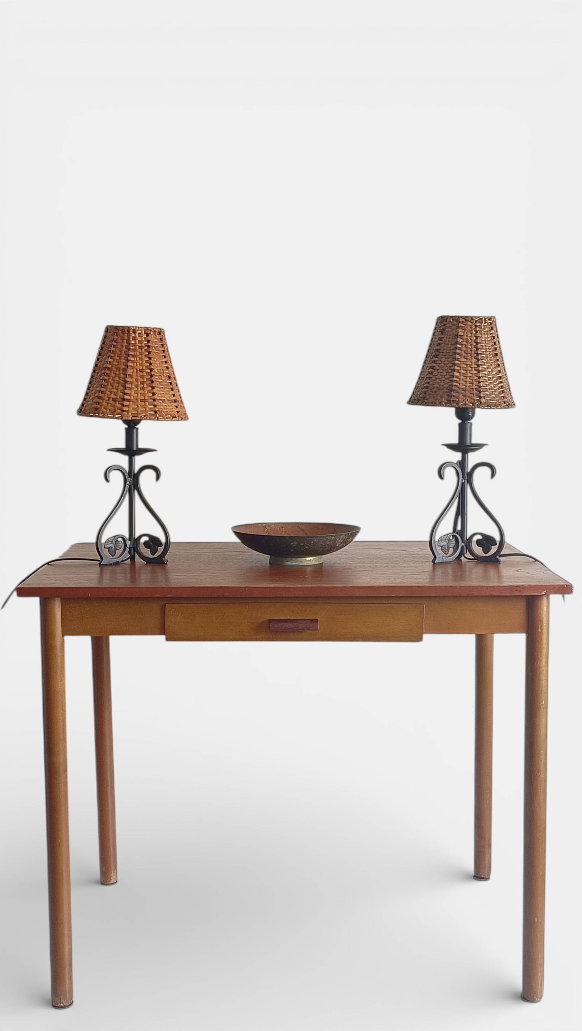 Spanish Hand Forged Wrought Iron Table Lamps with Hand Woven Wicker Shades