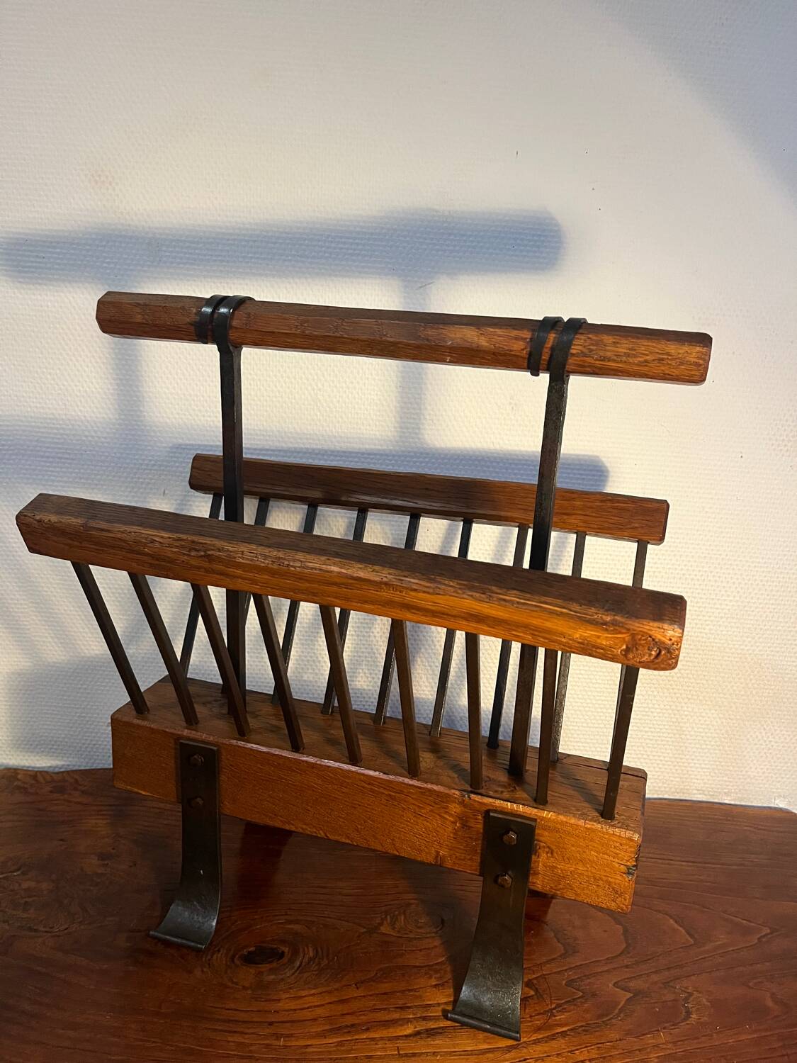 Brutalist magazine rack, solid wood and wrought iron
