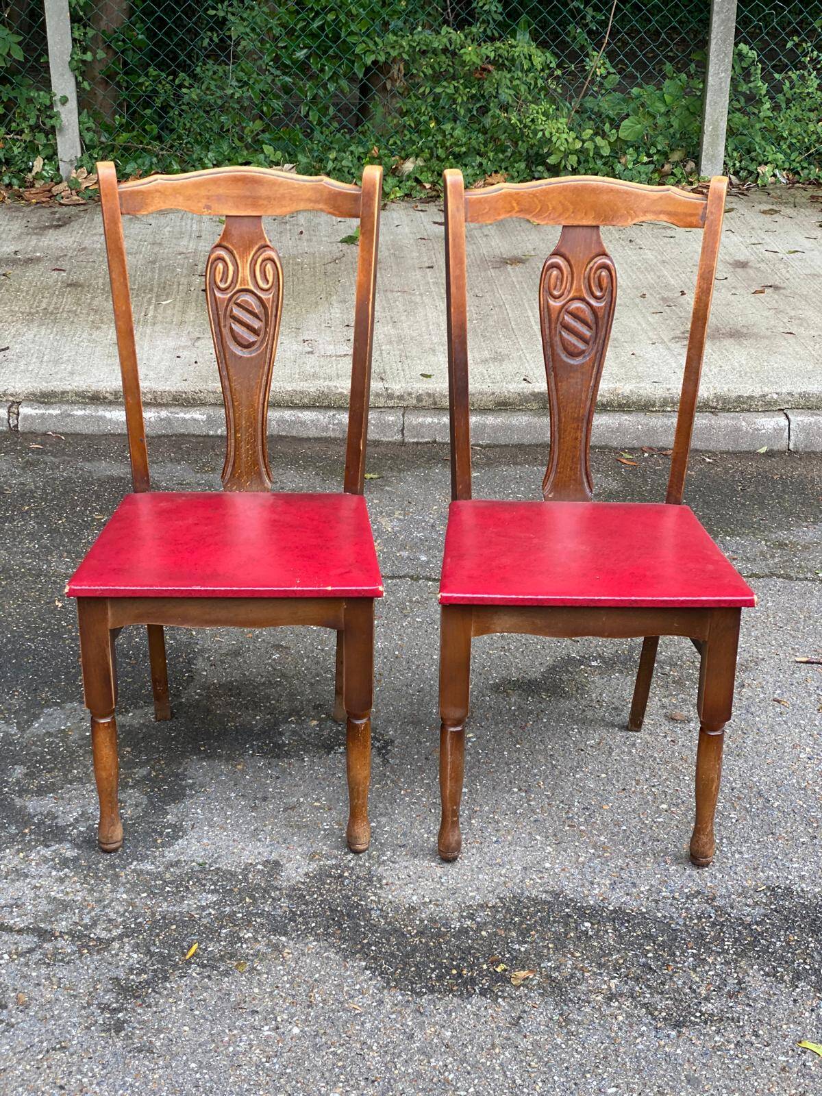 6 Art Deco dining chairs in solid wood and burgundy leather, 1950s