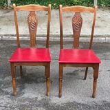 6 Art Deco dining chairs in solid wood and burgundy leather, 1950s