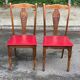 6 Art Deco dining chairs in solid wood and burgundy leather, 1950s