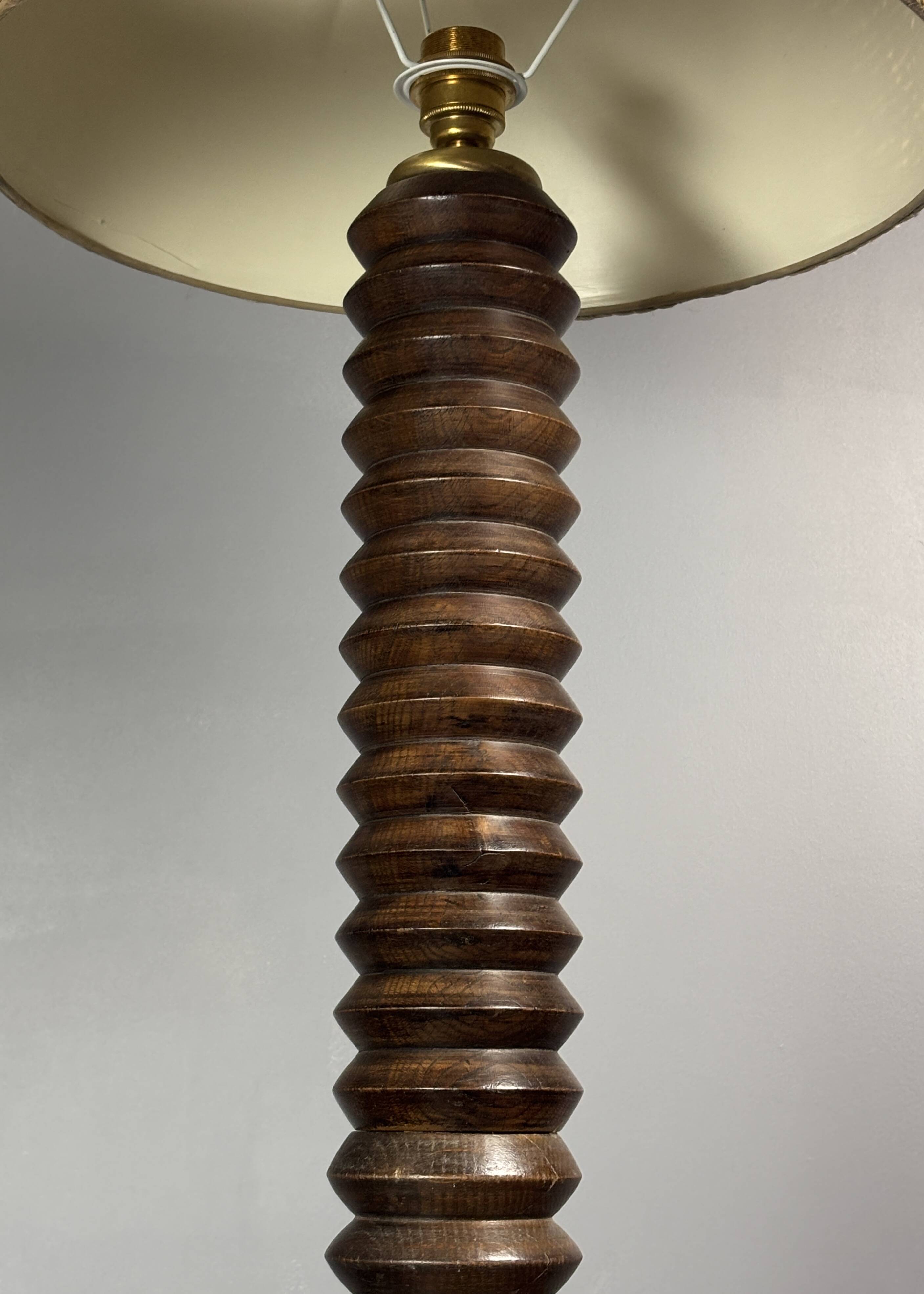 Midcentury brutalist chunky wood turned floor lamp, Charles Dudouyt style.