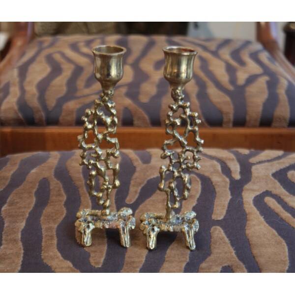 Pair of gilded bronze candlestick holders in brutalist style from around 1970.