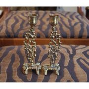 Pair of gilded bronze candlestick holders in brutalist style from around 1970.