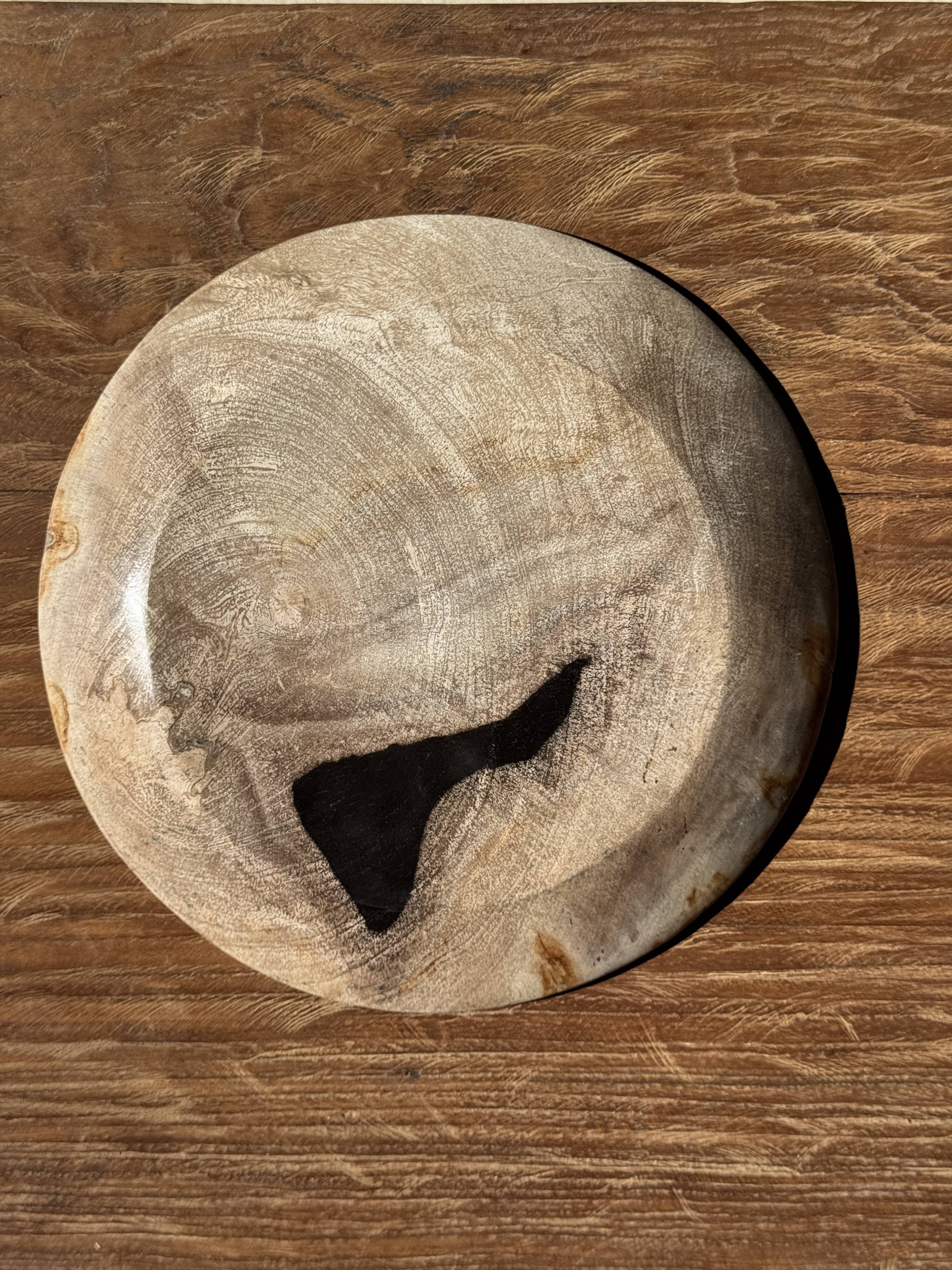 Vide poche, plat ou assiette circulaire en bois pétrifié beige tache noire