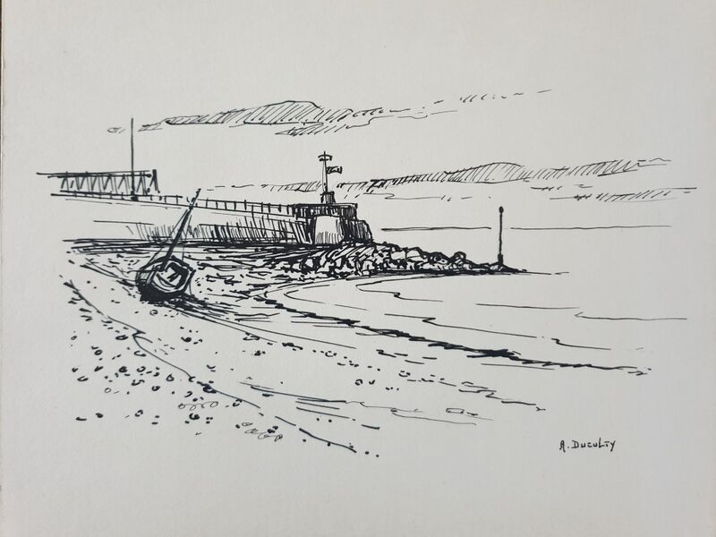 André Duculty (1912-1990) India ink on paper "Beachside" Signed lower right
