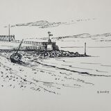 Encre de Chine sur papier "Bord de plage" Signée en bas à droite, André Duculty (1912-1990)