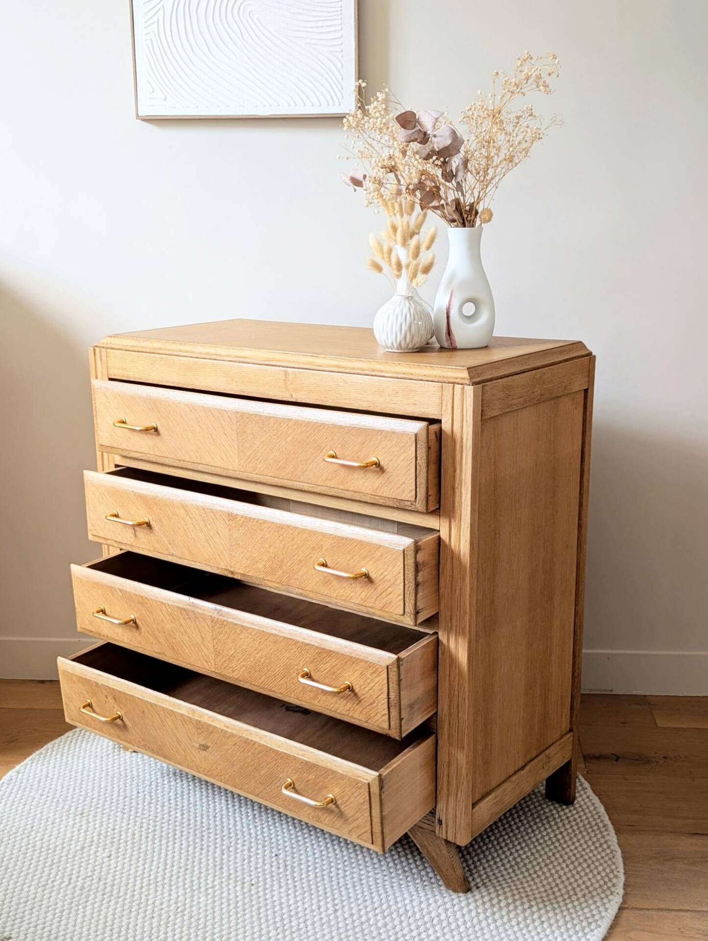 Commode vintage rénovée, chêne blond, pieds compas, années 50 60