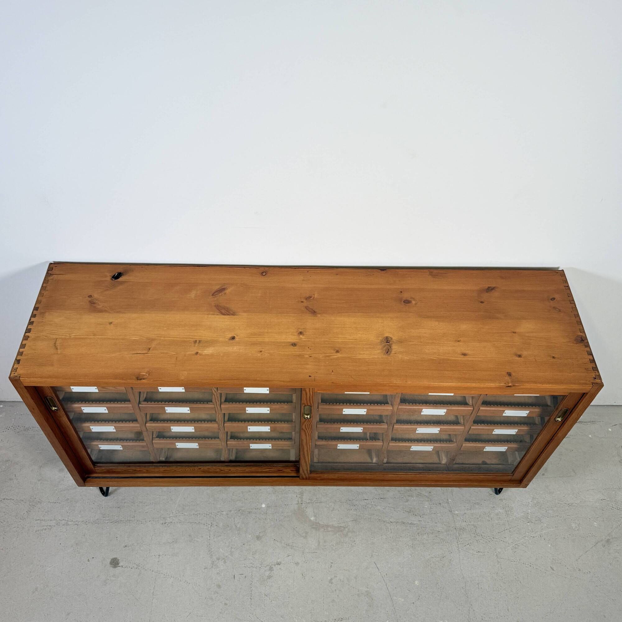 Vintage German Pine Sideboard / Sorting Cabinet with 24 Drawers & Glass Sli