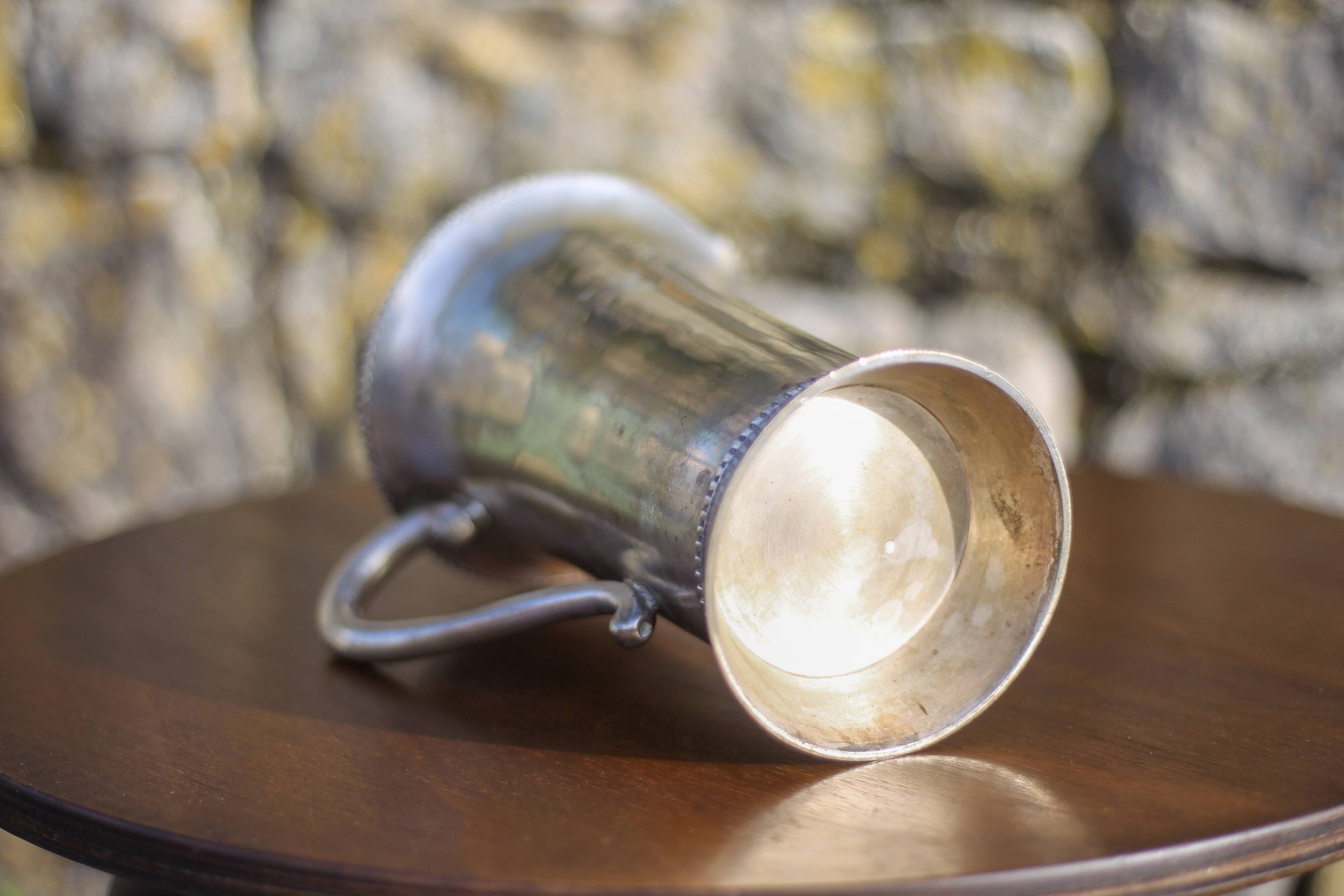 Antique metal carafe, jug, pitcher with handle, engraved dragonfly, collection