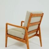 Vintage armchair in khaki corduroy, mid-century modern design from the 1960s.