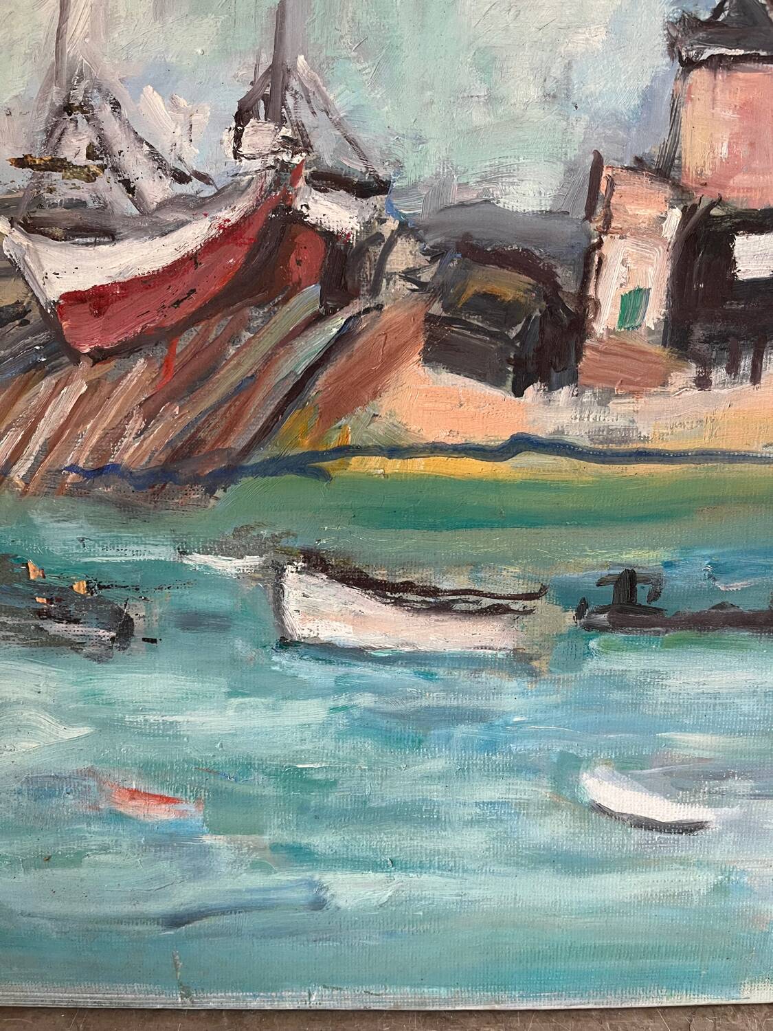 Boats in the harbor, oil on panel
