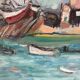Boats in the harbor, oil on panel