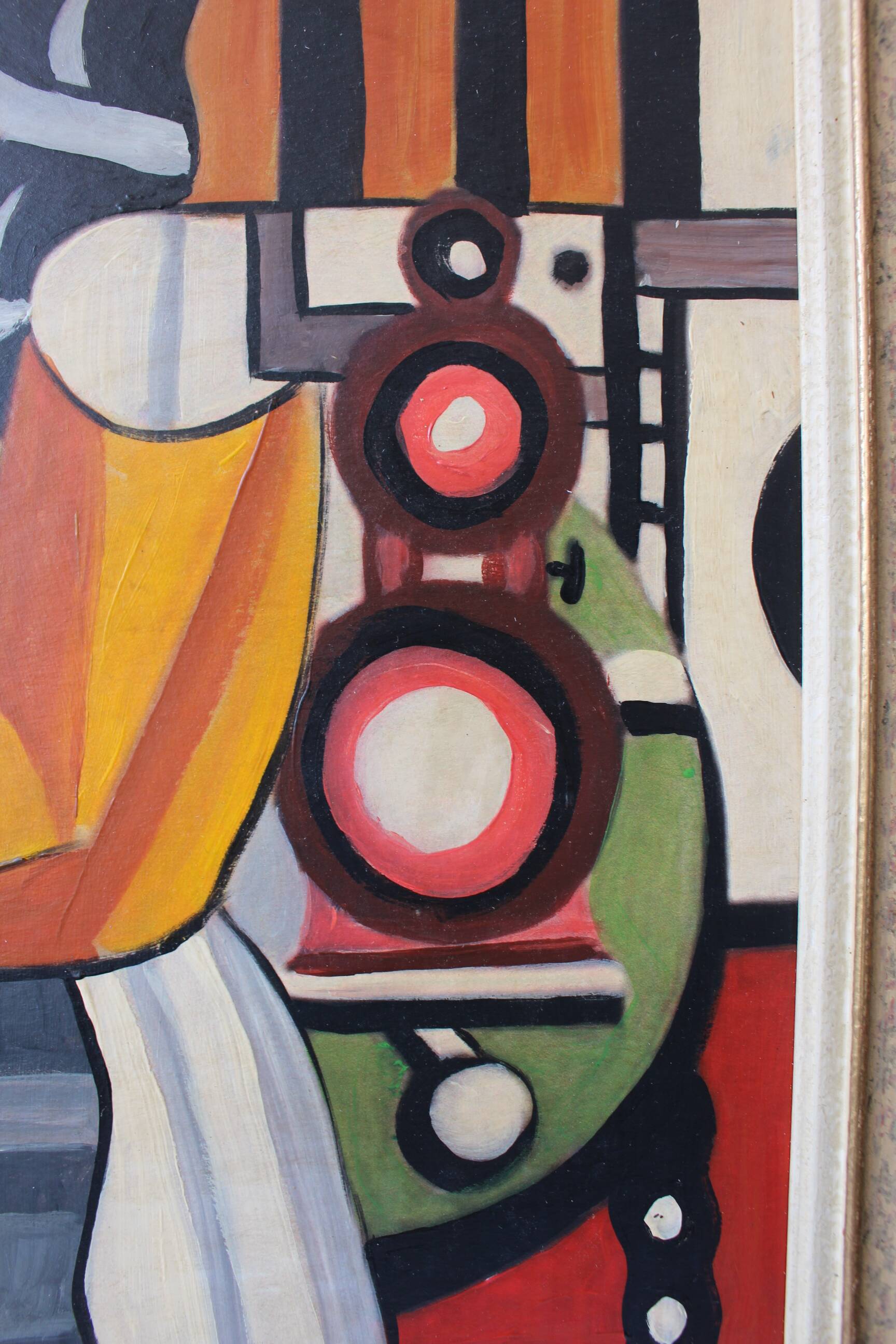 Composition moderne française, peinture à l'huile encadrée, années 1960