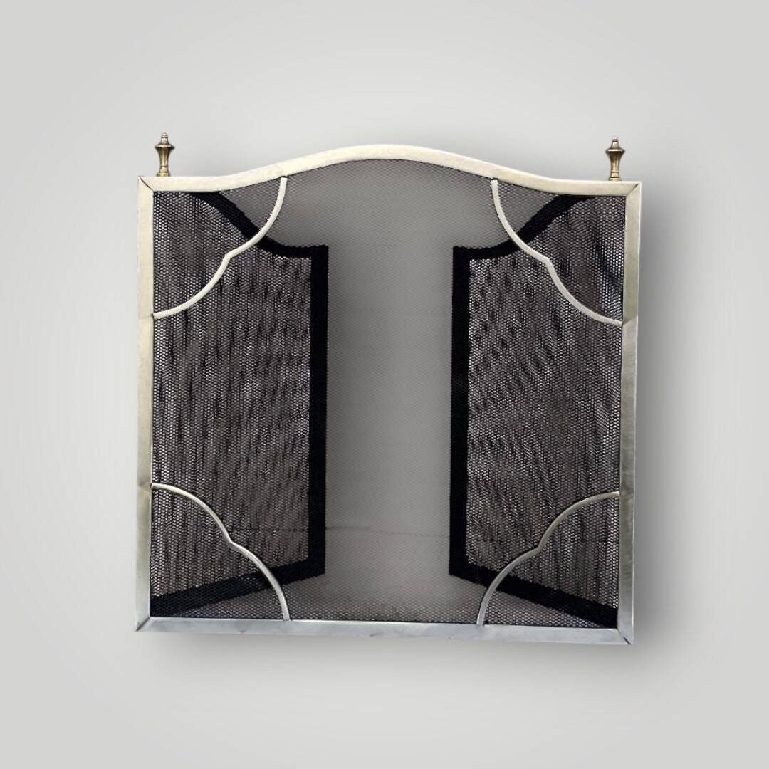 Antique brushed steel and brass fireplace screen – foldable – 1960s