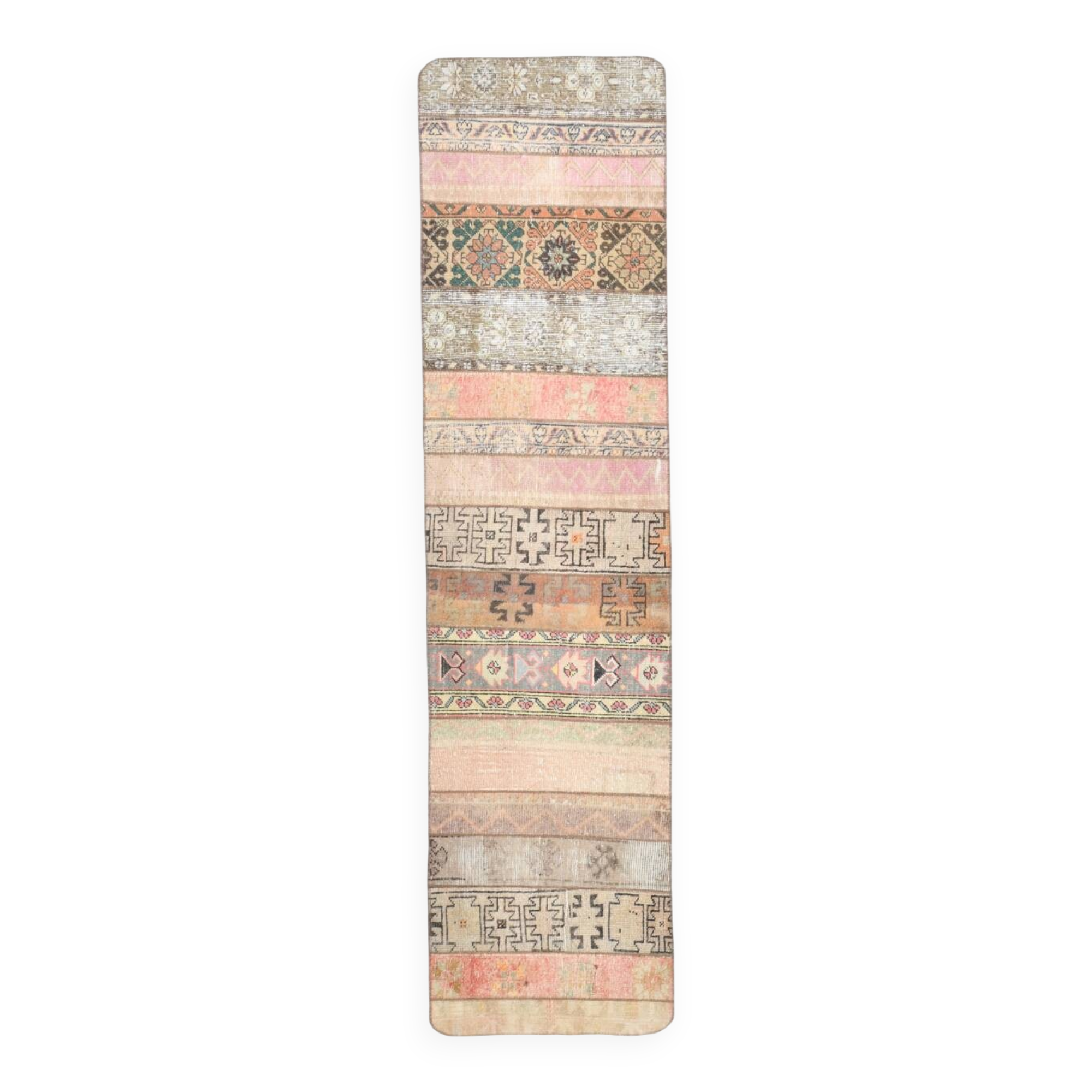 Tapis Runner Vintage Patchwork, Motifs Tribaux, Tons Pastel & Terre, 66x265 cm
