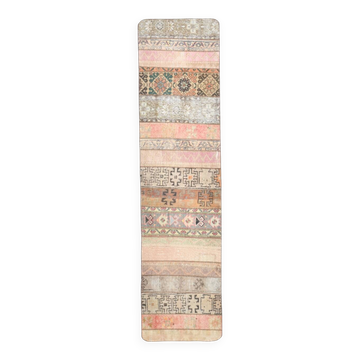 Tapis Runner Vintage Patchwork, Motifs Tribaux, Tons Pastel & Terre, 66x265 cm