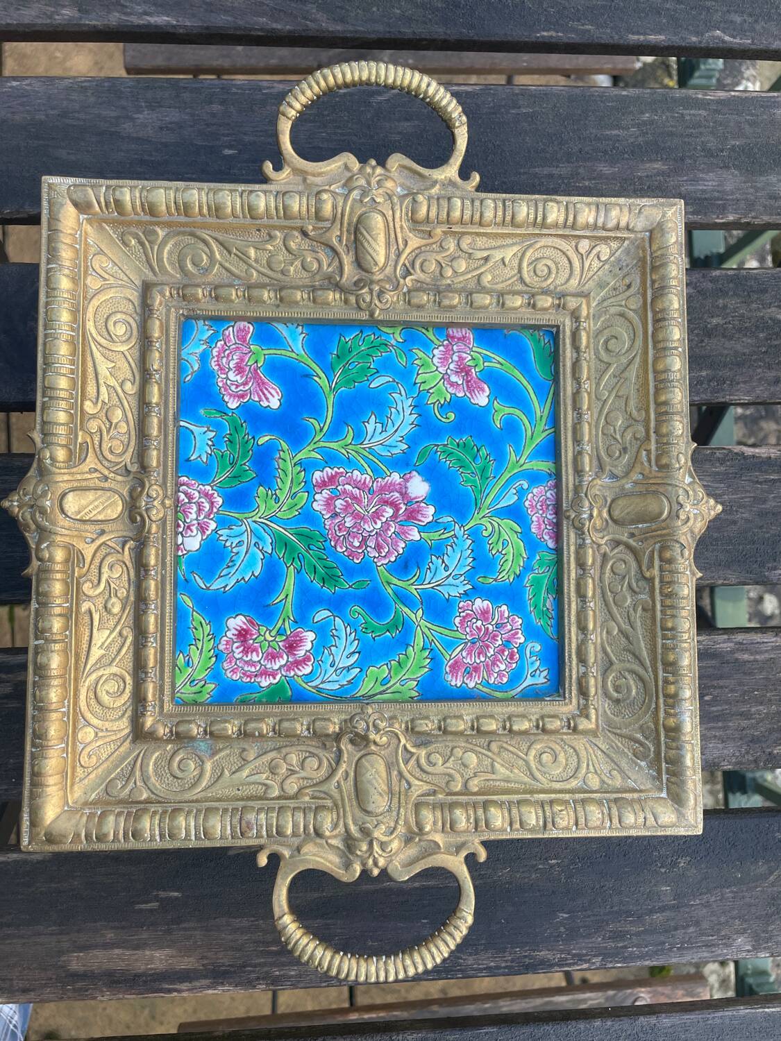 Antique bronze and faience vide-poche from Gien.