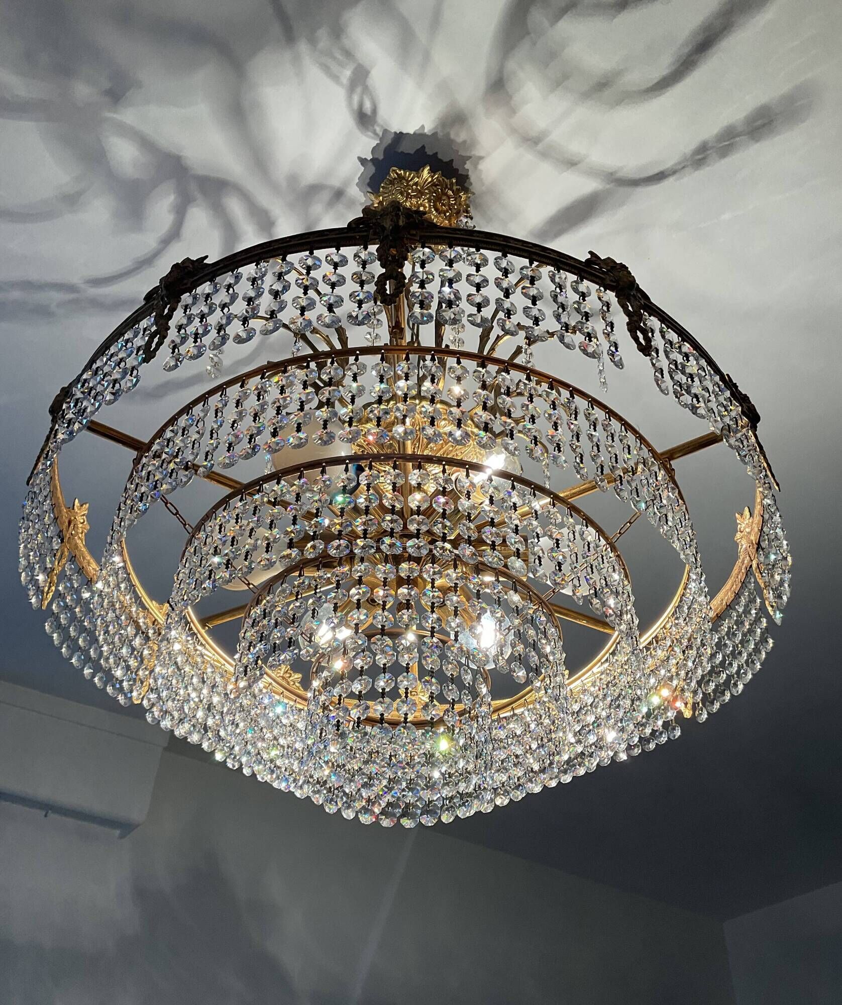 Old bronze waterfall chandelier with crystal tassels