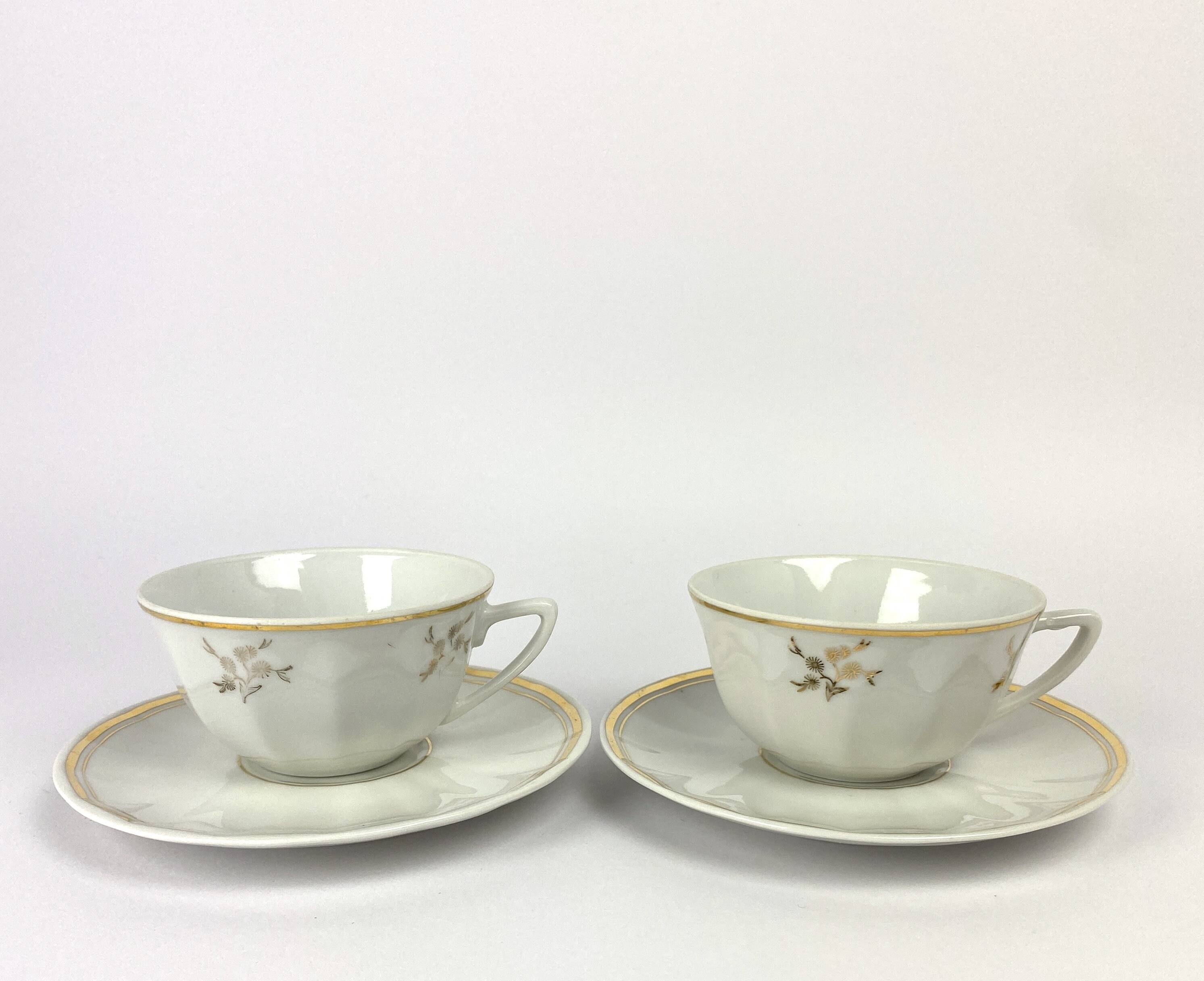Vintage Mismatched Set of 6 Porcelain Cups and 5 Saucers - Gold